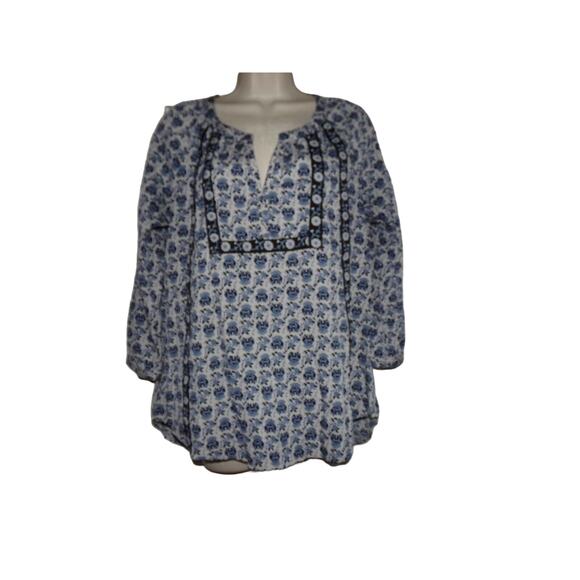 Beach Lunch Lounge silky polyester blouse blue‎ floral retro boho Fall work - Picture 1 of 5